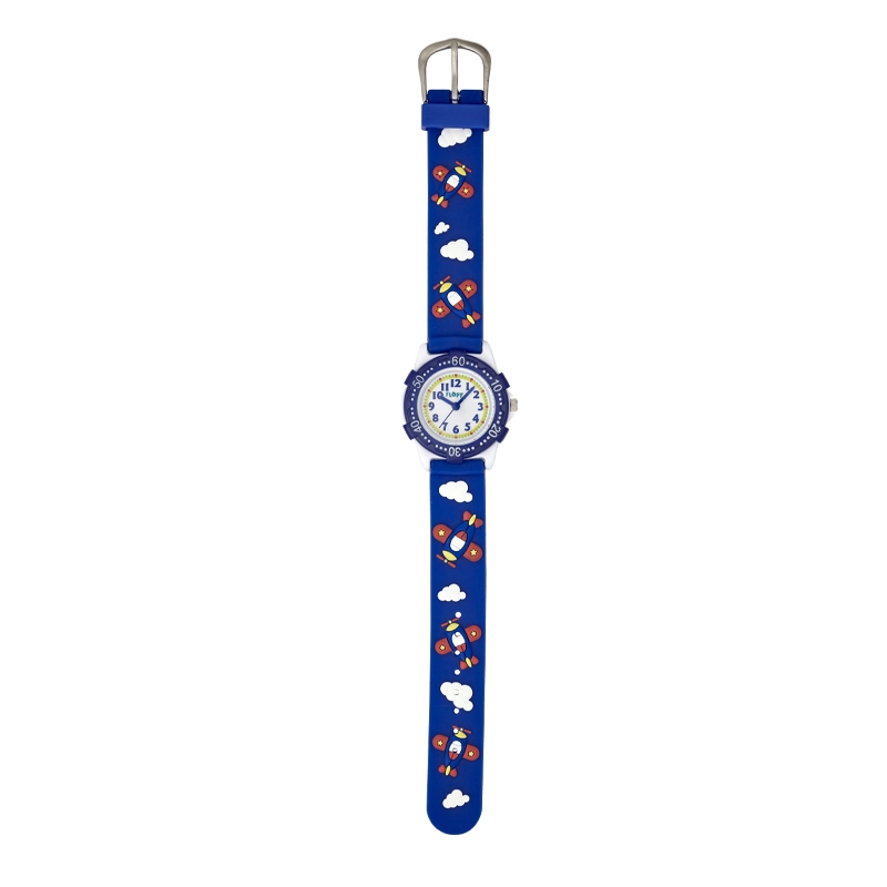 Reloj Flopy analogo, para Niño(a), tablero redondo colores blanco, azul y amarillo, estilo arabigos, pulso silicona color azul