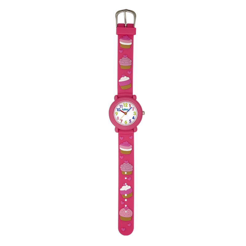 Reloj Flopy analogo, para Niño(a), tablero redondo color blanco, estilo arabigos, pulso silicona color rosado