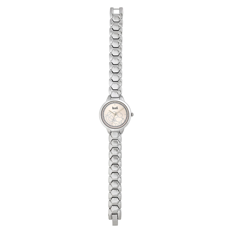 Reloj Jeans analogo, para Dama, tablero redondo colores rosa y rosado, estilo sin numeros, pulso metalico color plateado