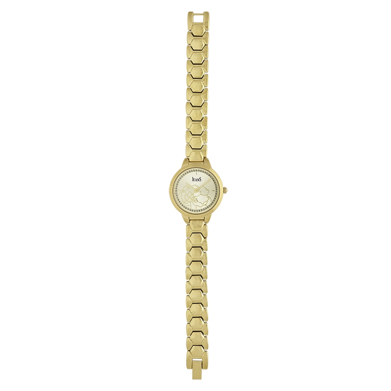 Reloj Jeans analogo, para Dama, tablero redondo color dorado, estilo index, pulso metalico color dorado