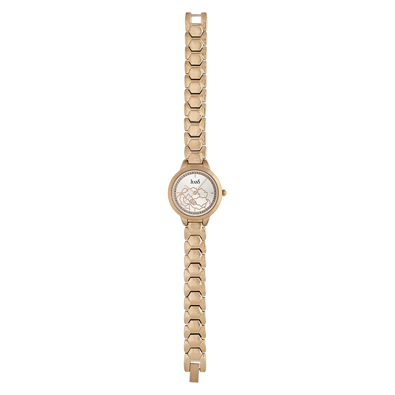 Reloj Jeans analogo, para Dama, tablero redondo color plateado, estilo sin numeros, pulso metalico color rosa