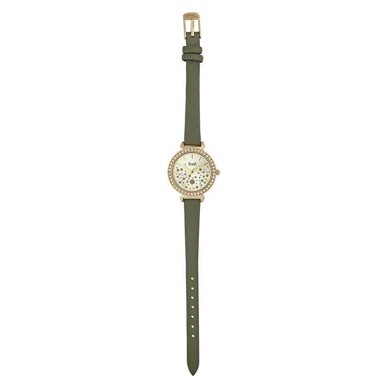 Reloj Jeans analogo, para Dama, tablero redondo color dorado, estilo index, pulso cuero sintetico color verde