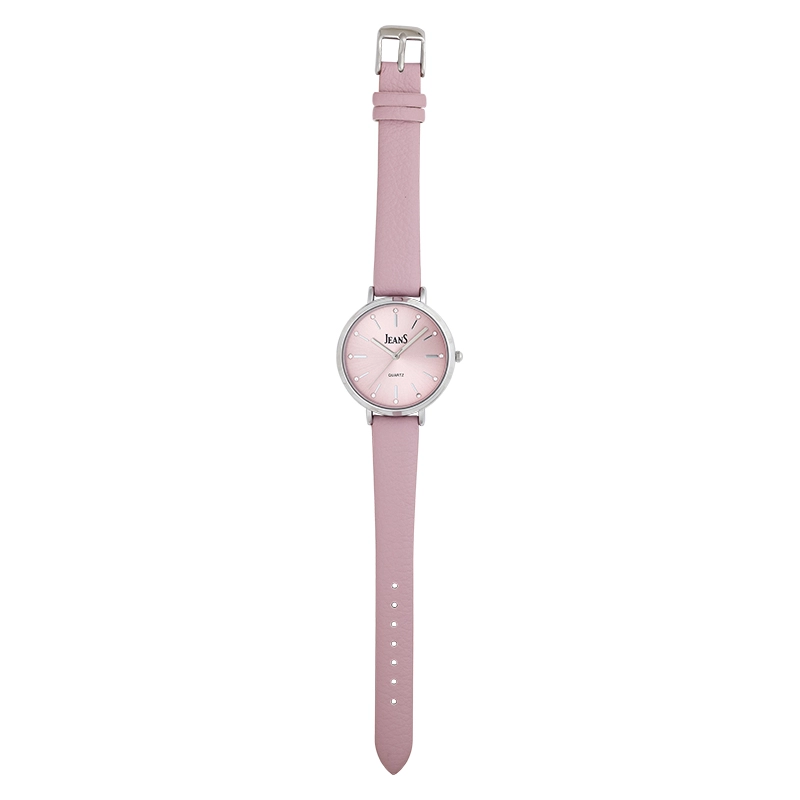 Reloj Jeans analogo, para Dama, tablero redondo color rosado, estilo index, pulso cuero sintetico color rosado