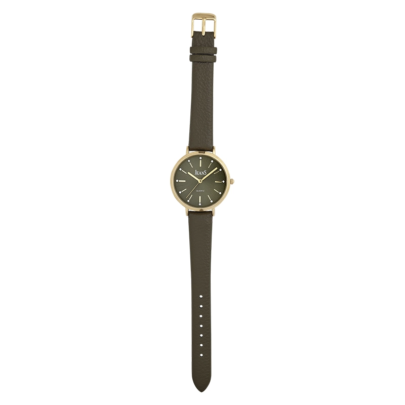 Reloj Jeans analogo, para Dama, tablero redondo color verde, estilo index, pulso cuero sintetico color verde