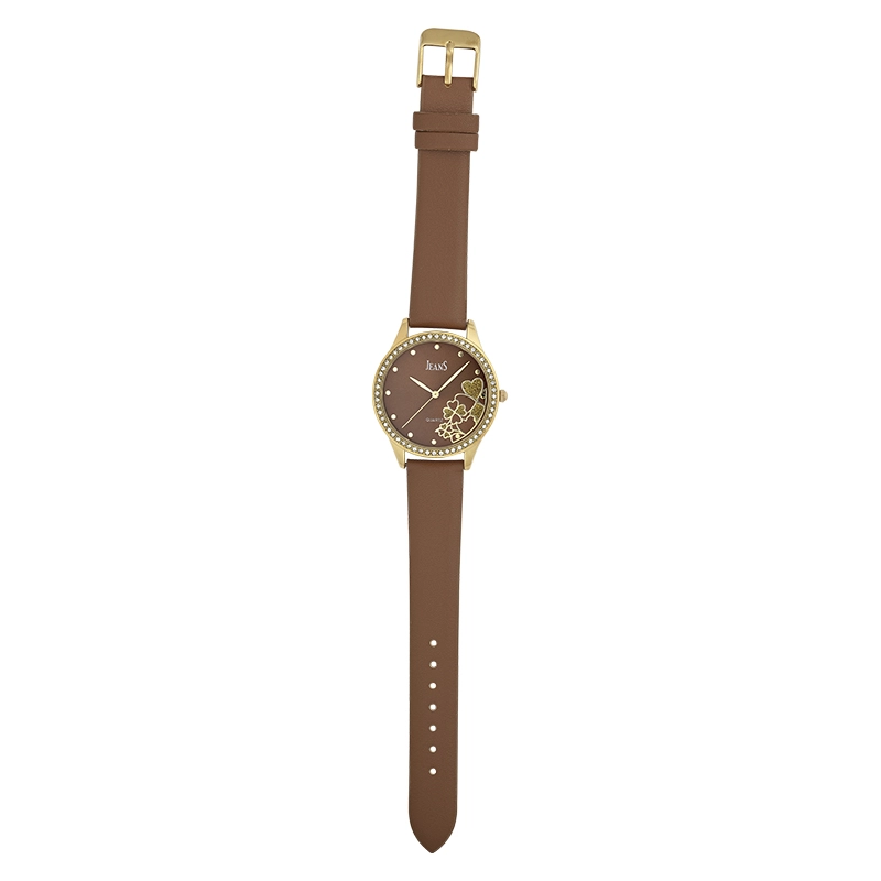 Reloj Jeans analogo, para Dama, tablero redondo color café, estilo puntos, pulso cuero sintetico color café