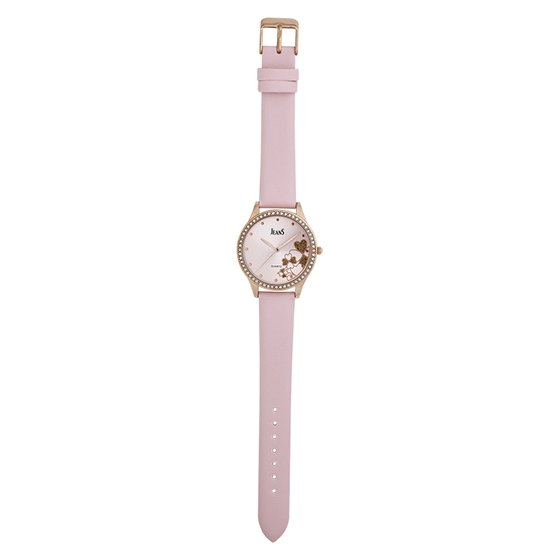 Reloj Jeans analogo, para Dama, tablero redondo color rosado, estilo puntos, pulso cuero sintetico color rosado