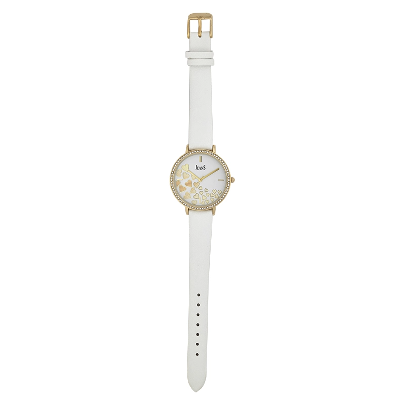 Reloj Jeans analogo, para Dama, tablero redondo color blanco, estilo index, pulso cuero sintetico color blanco
