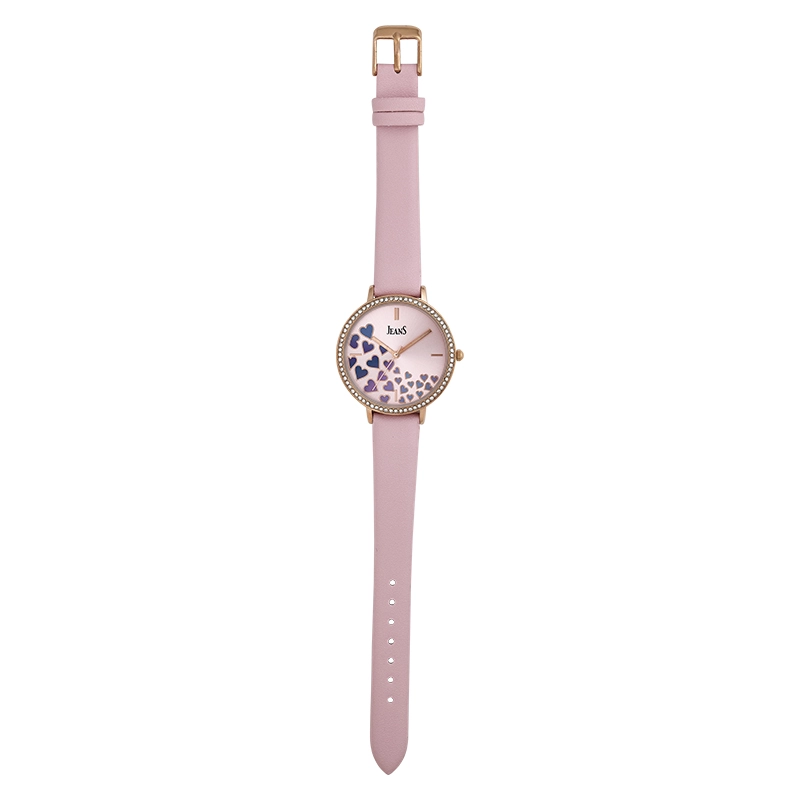 Reloj Jeans analogo, para Dama, tablero redondo color rosado, estilo index, pulso cuero sintetico color rosado
