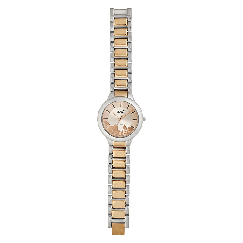Reloj Jeans analogo, para Dama, tablero redondo color rosa, estilo index, pulso metalico colores plateado y rosa