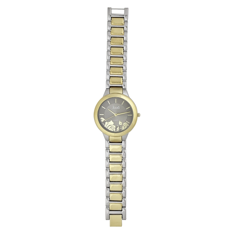 Reloj Jeans analogo, para Dama, tablero redondo color gris, estilo index, pulso metalico colores plateado y dorado