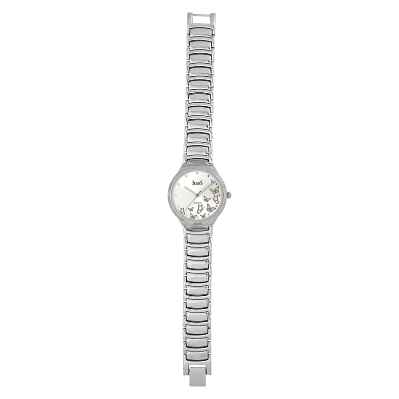 Reloj Jeans analogo, para Dama, tablero redondo color plateado, estilo puntos, pulso metalico color plateado