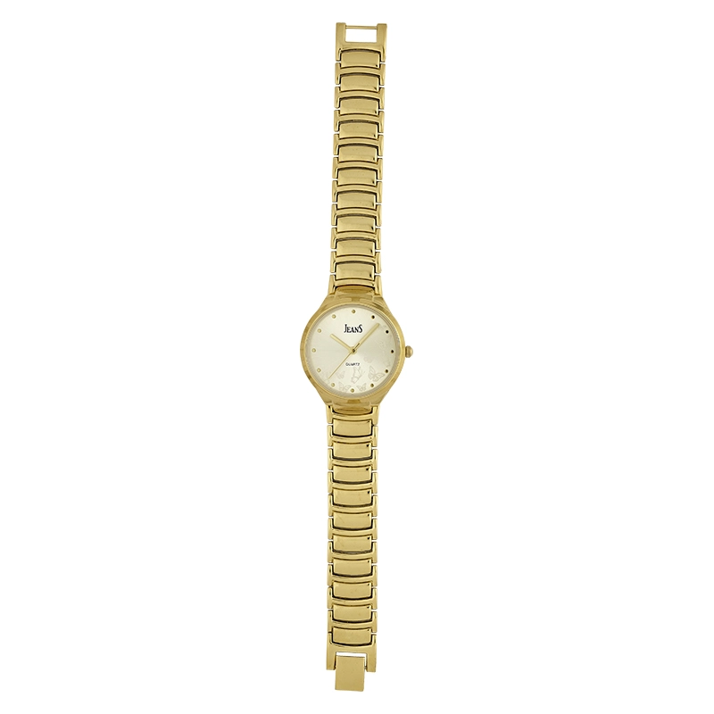 Reloj Jeans analogo, para Dama, tablero redondo color dorado, estilo puntos, pulso metalico color dorado