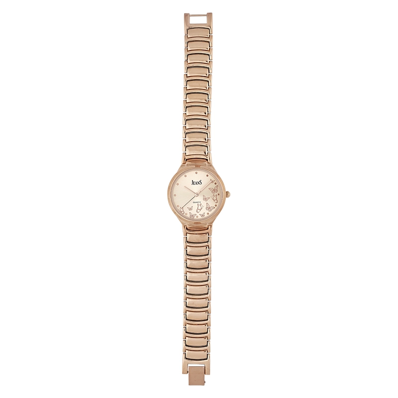 Reloj Jeans analogo, para Dama, tablero redondo color rosa, estilo puntos, pulso metalico color rosa