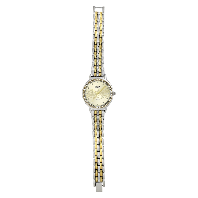 Reloj Jeans analogo, para Dama, tablero redondo color dorado, estilo puntos, pulso metalico colores plateado y dorado