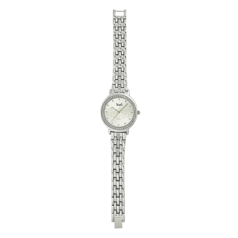 Reloj Jeans analogo, para Dama, tablero redondo color plateado, estilo puntos, pulso metalico color plateado