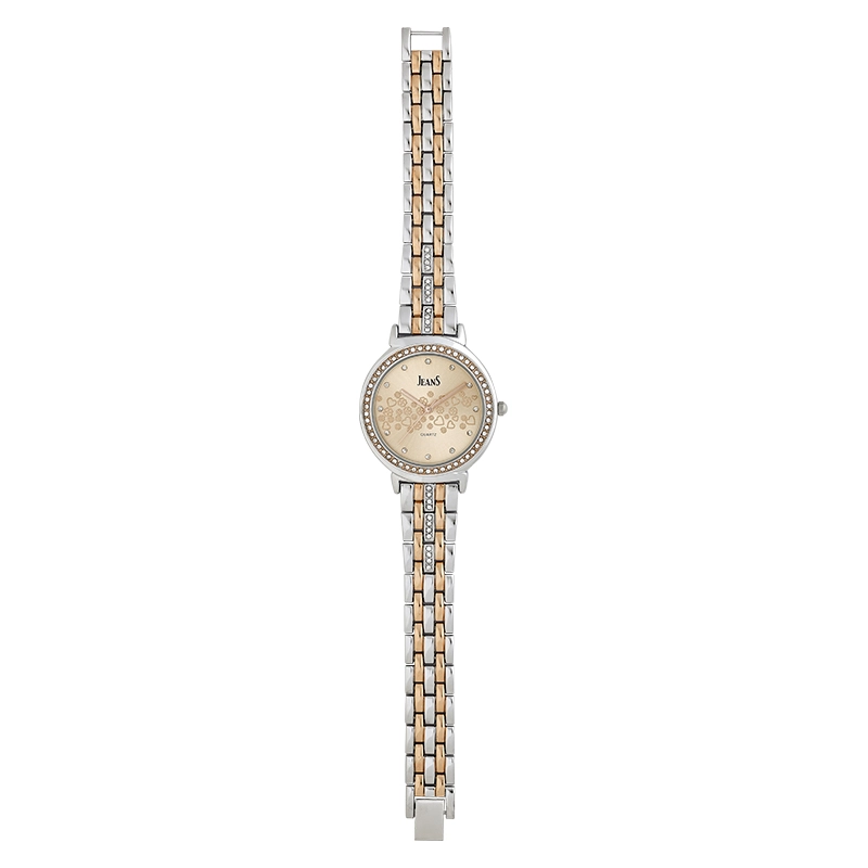 Reloj Jeans analogo, para Dama, tablero redondo color rosa, estilo puntos, pulso metalico colores plateado y rosa