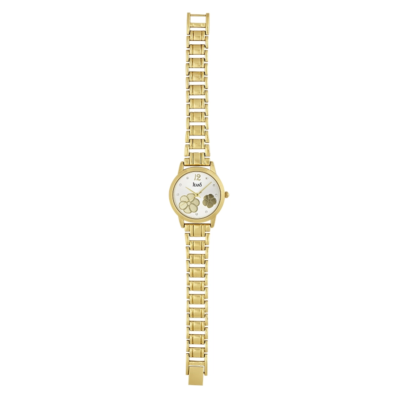 Reloj Jeans analogo, para Dama, tablero redondo color plateado, estilo puntos + arabigo, pulso metalico color dorado