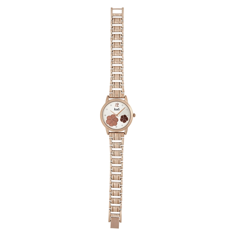 Reloj Jeans analogo, para Dama, tablero redondo color rosa, estilo puntos + arabigo, pulso metalico color rosa