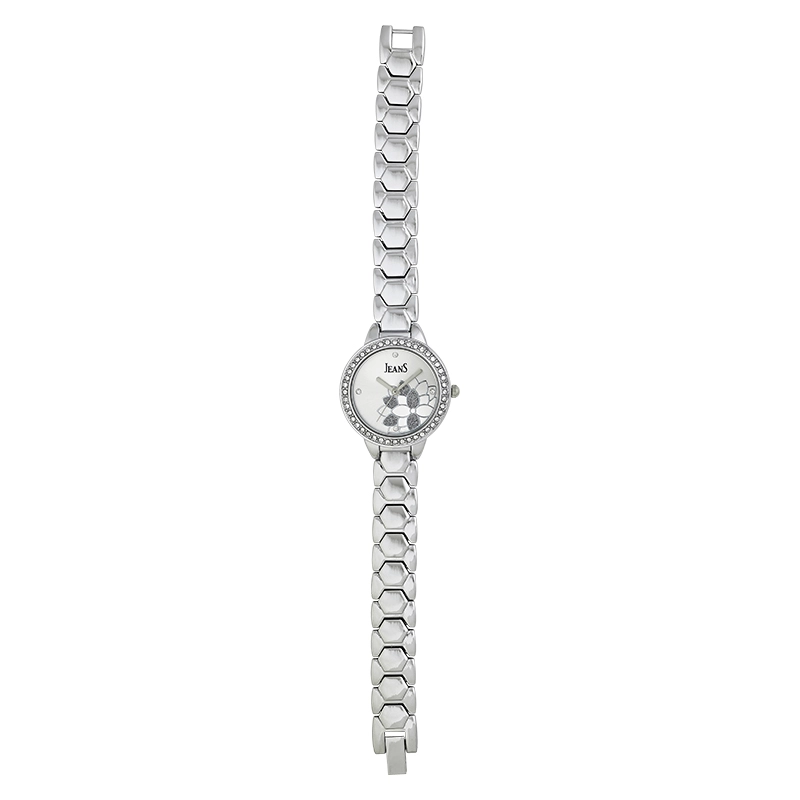 Reloj Jeans analogo, para Dama, tablero redondo color plateado, estilo puntos, pulso metalico color plateado