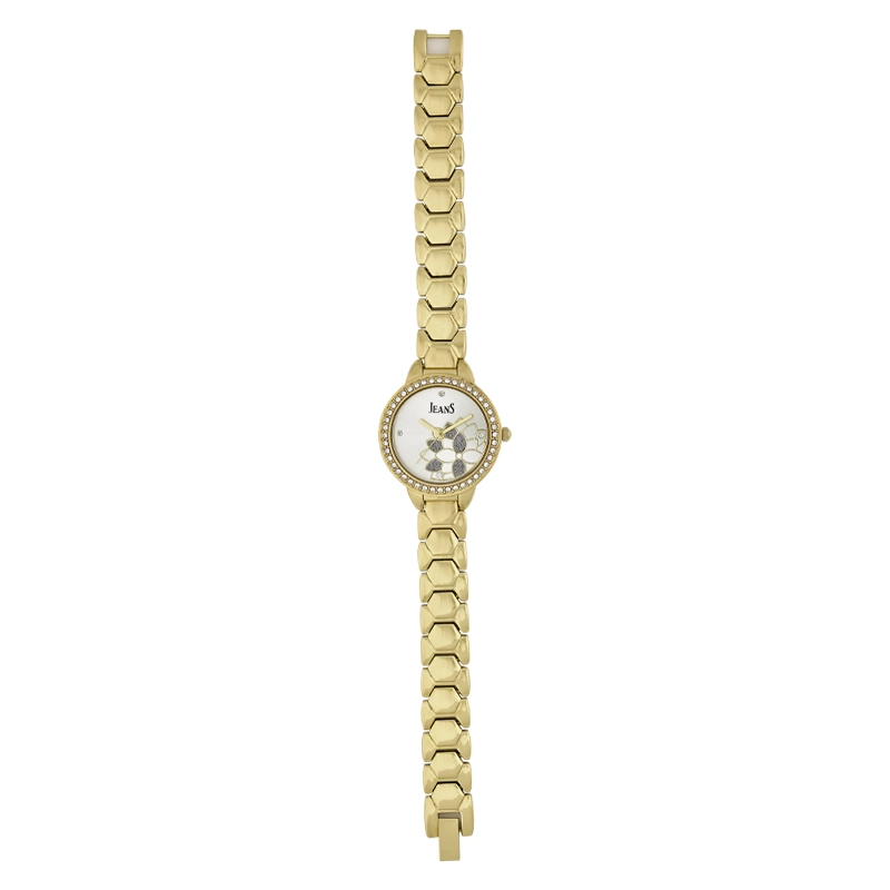 Reloj Jeans analogo, para Dama, tablero redondo color plateado, estilo puntos, pulso metalico color dorado