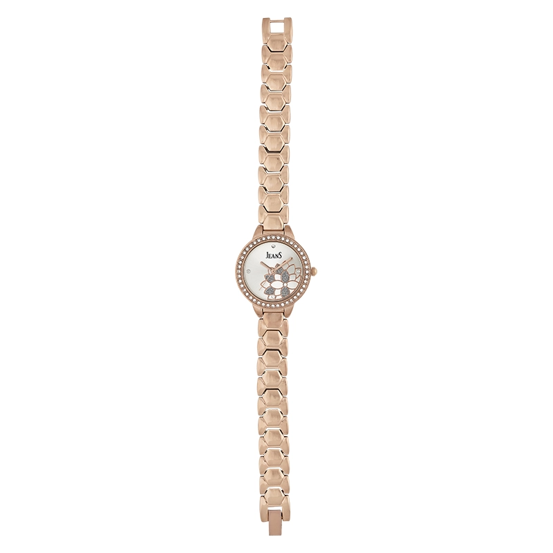 Reloj Jeans analogo, para Dama, tablero redondo color plateado, estilo puntos, pulso metalico color rosa