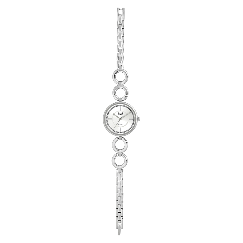Reloj Jeans analogo, para Dama, tablero redondo color plateado, estilo index, pulso metalico color plateado