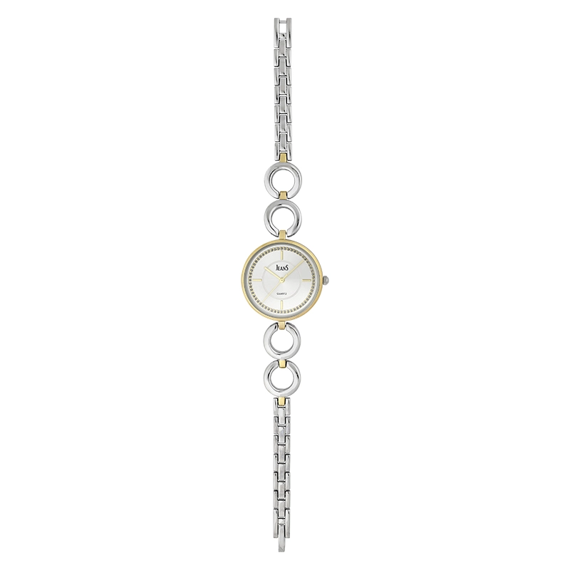 Reloj Jeans analogo, para Dama, tablero redondo colores plateado y dorado, estilo index, pulso metalico colores plateado y dorado
