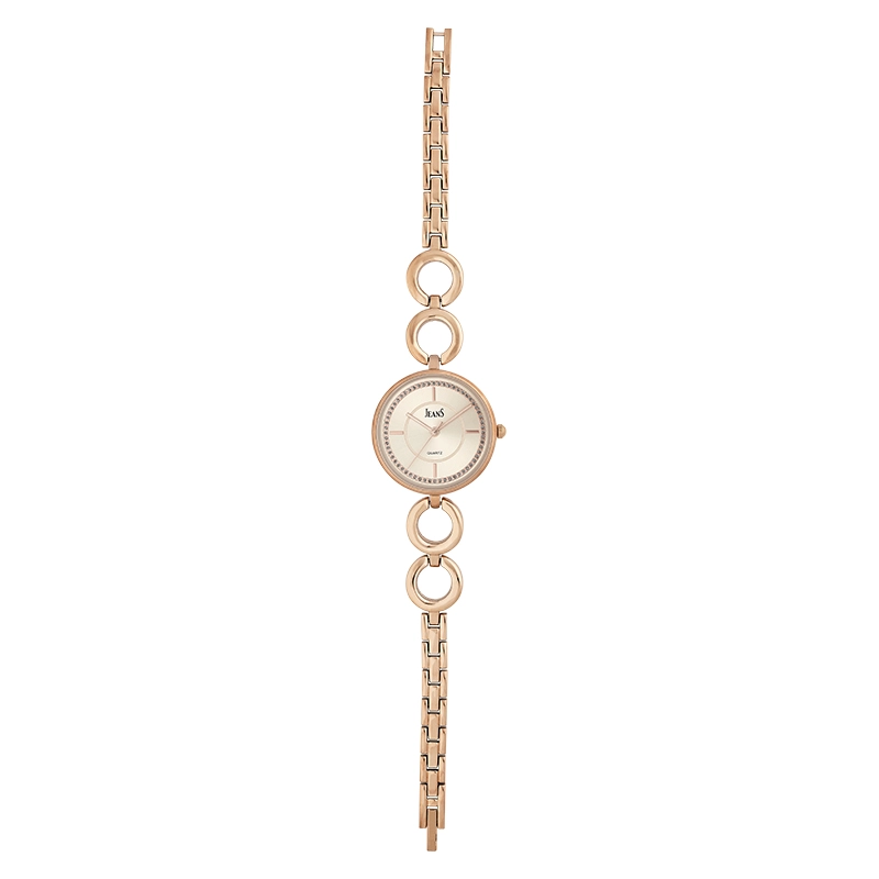 Reloj Jeans analogo, para Dama, tablero redondo color rosa, estilo index, pulso metalico color rosa