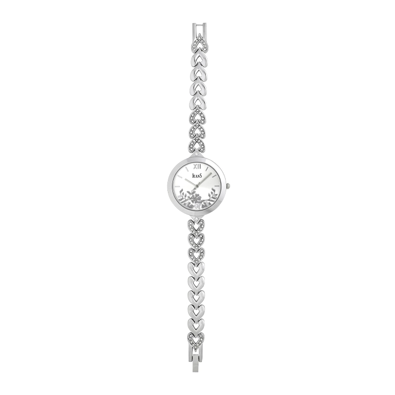 Reloj Jeans analogo, para Dama, tablero redondo color plateado, estilo index + romano, pulso metalico color plateado