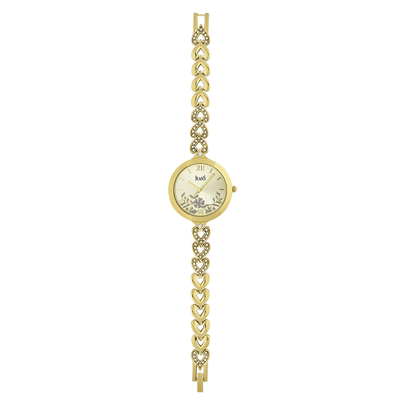 Reloj Jeans analogo, para Dama, tablero redondo color dorado, estilo index + romano, pulso metalico color dorado