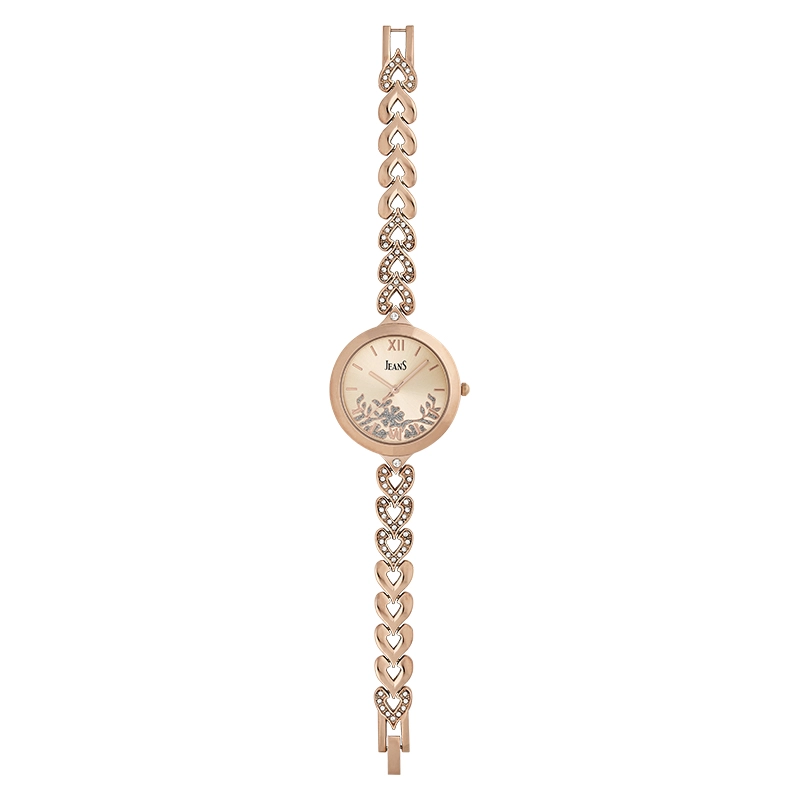 Reloj Jeans analogo, para Dama, tablero redondo color rosa, estilo index + romano, pulso metalico color rosa