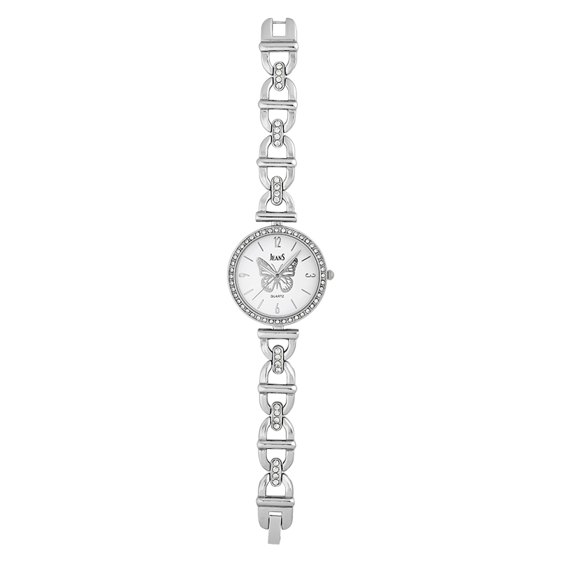 Reloj Jeans analogo, para Dama, tablero redondo color blanco, estilo index + arabigo, pulso metalico color plateado