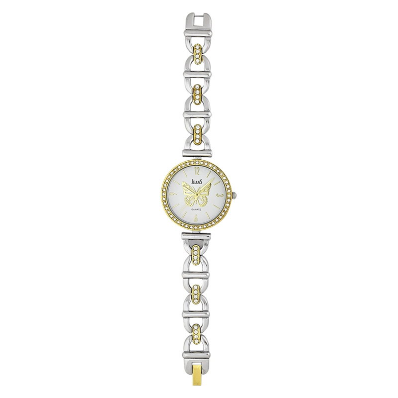 Reloj Jeans analogo, para Dama, tablero redondo color blanco, estilo index + arabigo, pulso metalico colores plateado y dorado