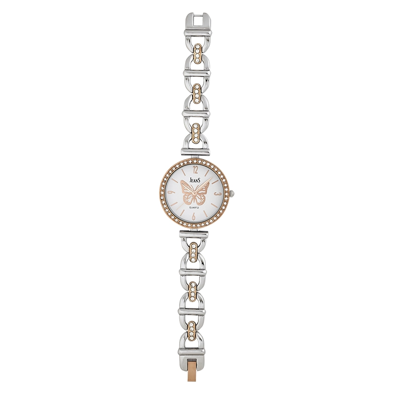 Reloj Jeans analogo, para Dama, tablero redondo color blanco, estilo index + arabigo, pulso metalico colores plateado y rosa