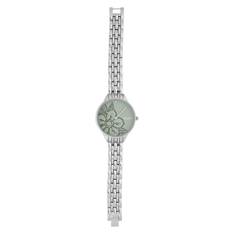 Reloj Jeans analogo, para Dama, tablero redondo color verde, estilo puntos, pulso metalico color plateado