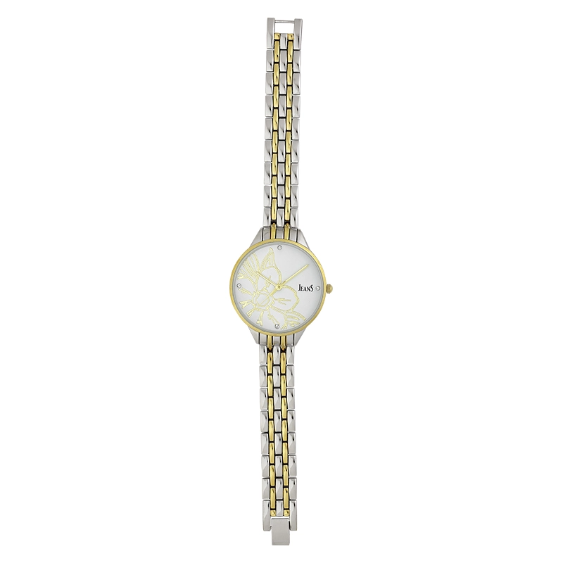 Reloj Jeans analogo, para Dama, tablero redondo color blanco, estilo puntos, pulso metalico colores plateado y dorado
