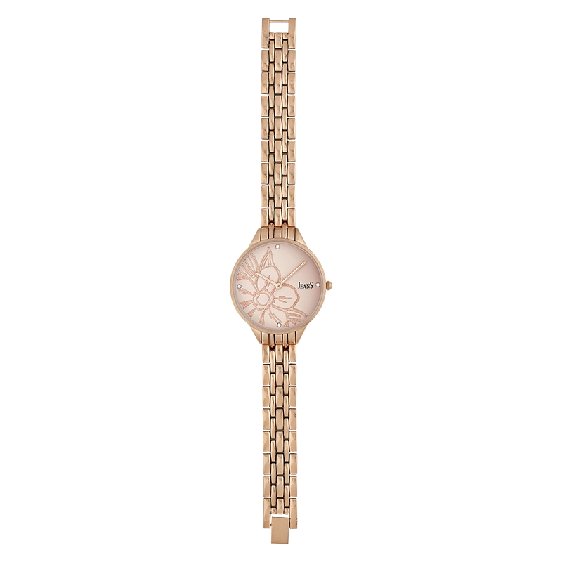 Reloj Jeans analogo, para Dama, tablero redondo color rosa, estilo puntos, pulso metalico color rosa