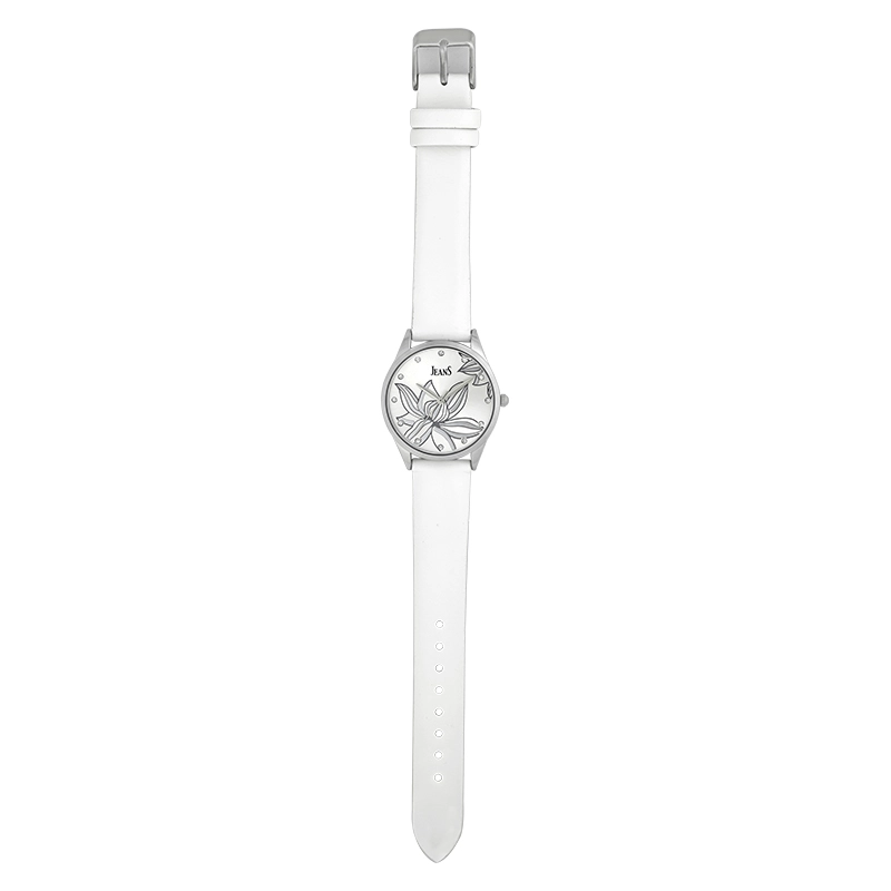 Reloj Jeans analogo, para Dama, tablero redondo color plateado, estilo puntos, pulso cuero sintetico color blanco