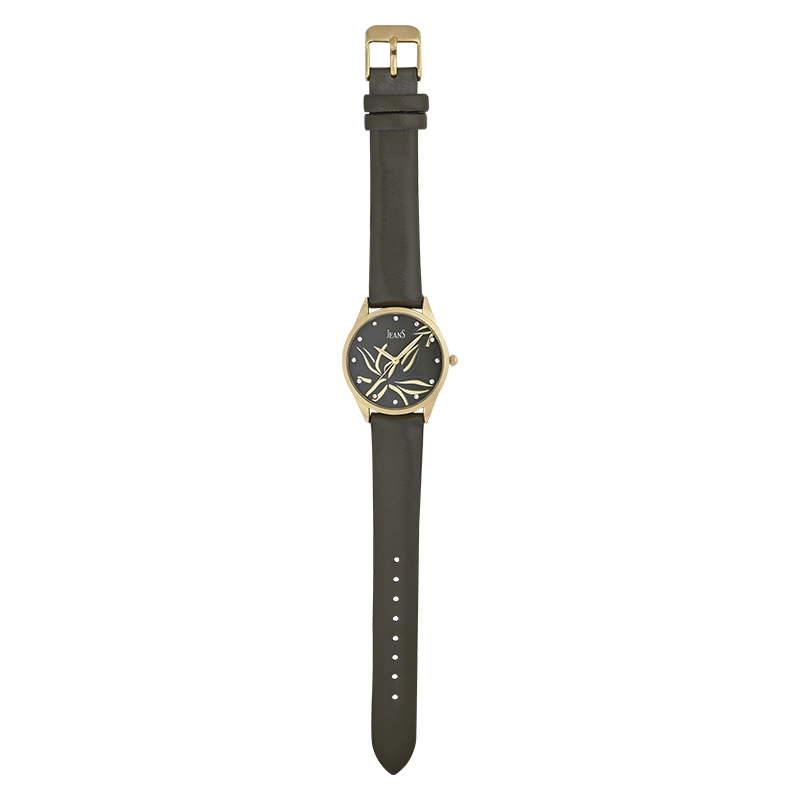 Reloj Jeans analogo, para Dama, tablero redondo colores verde y dorado, estilo puntos, pulso cuero sintetico color verde