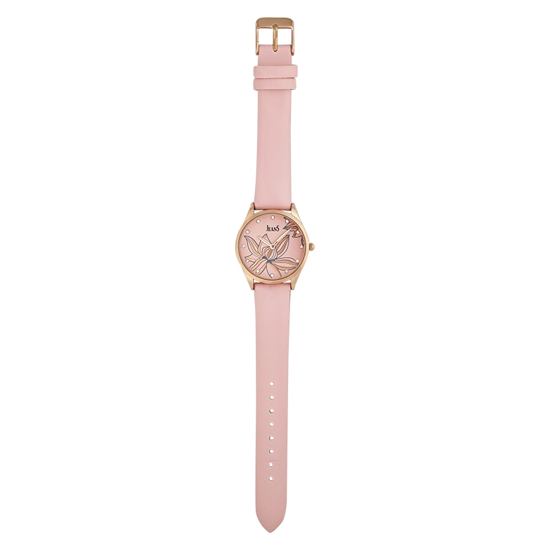 Reloj Jeans analogo, para Dama, tablero redondo color rosado, estilo puntos, pulso cuero sintetico color rosado