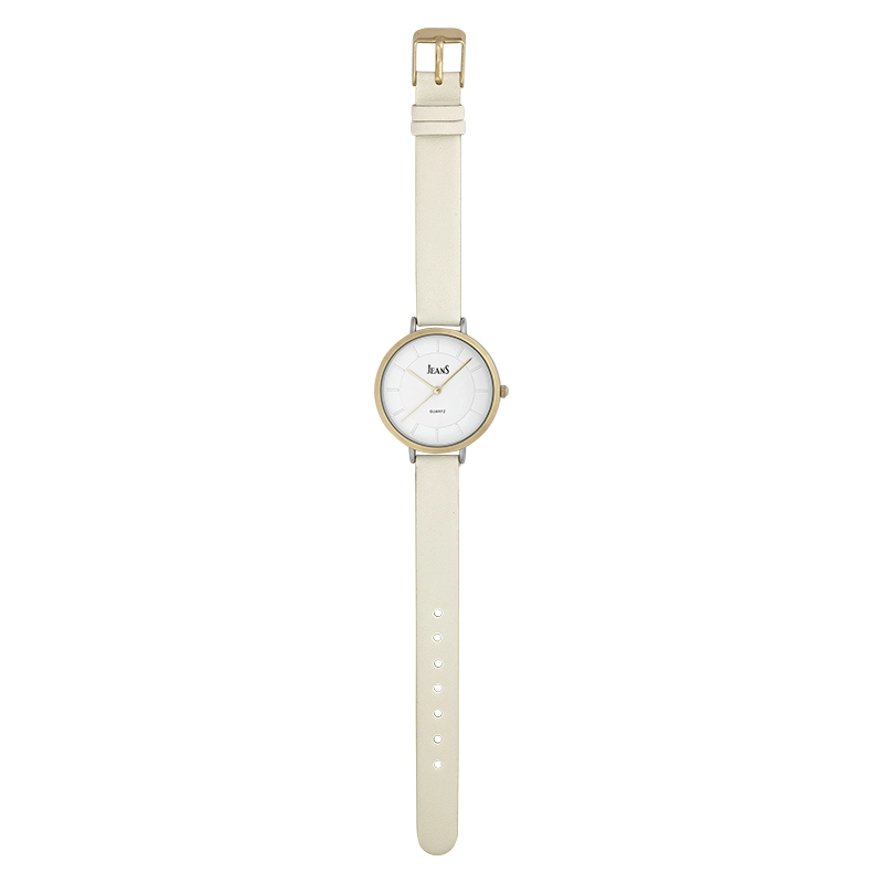 Reloj Jeans análogo, para Dama, tablero redondo colores plateado y dorado, estilo index, pulso cuero sintético color beige