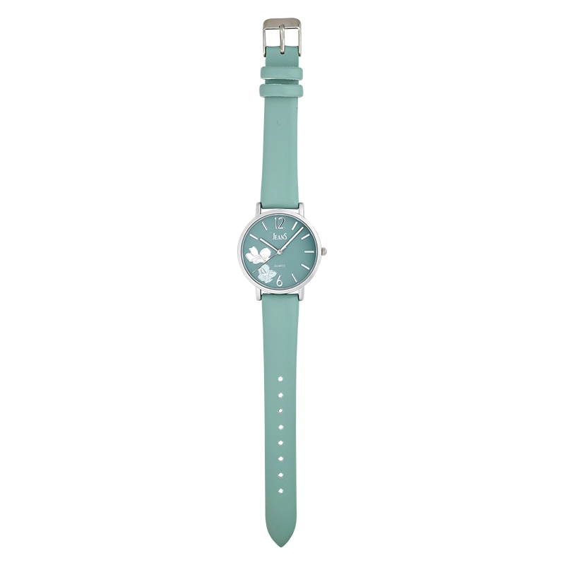 Reloj Jeans analogo, para Dama, tablero redondo colores verde y plateado, estilo index + arabigo, pulso cuero sintetico color verde