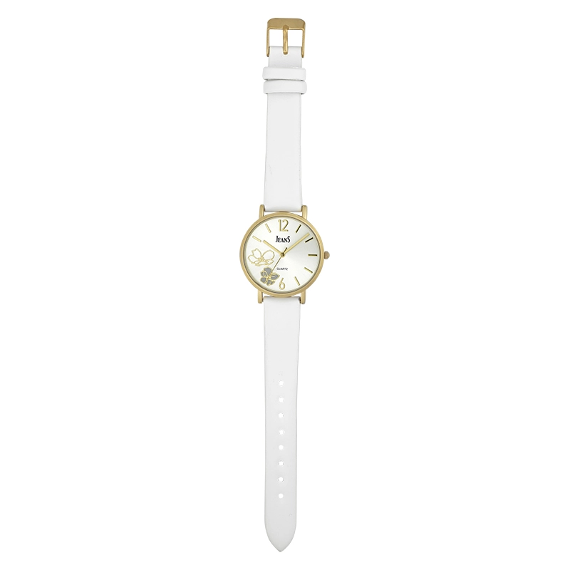 Reloj Jeans analogo, para Dama, tablero redondo color plateado, estilo index + arabigo, pulso cuero sintetico color blanco