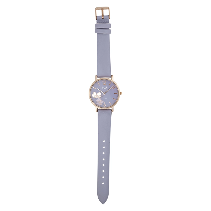 Reloj Jeans analogo, para Dama, tablero redondo color morado, estilo index + arabigo, pulso cuero sintetico color morado