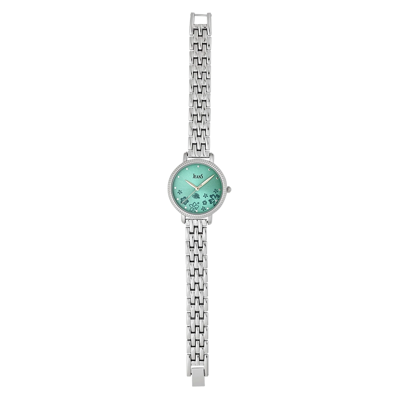 Reloj Jeans analogo, para Dama, tablero redondo color verde, estilo puntos, pulso metalico color plateado