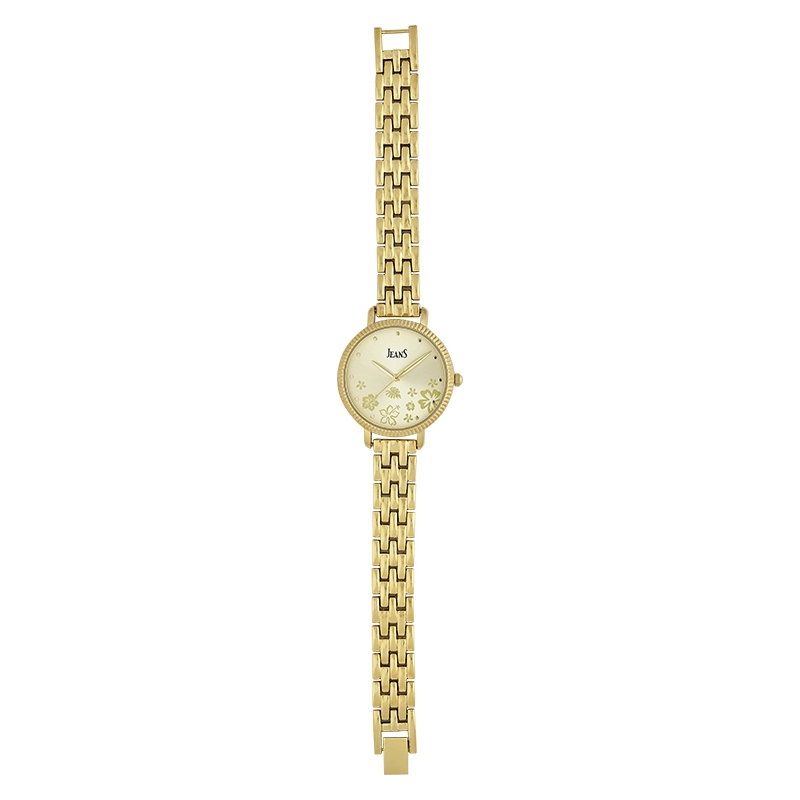 Reloj Jeans analogo, para Dama, tablero redondo color dorado, estilo puntos, pulso metalico color dorado