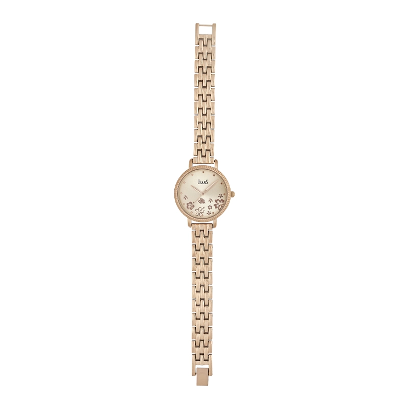 Reloj Jeans analogo, para Dama, tablero redondo color rosa, estilo puntos, pulso metalico color rosa