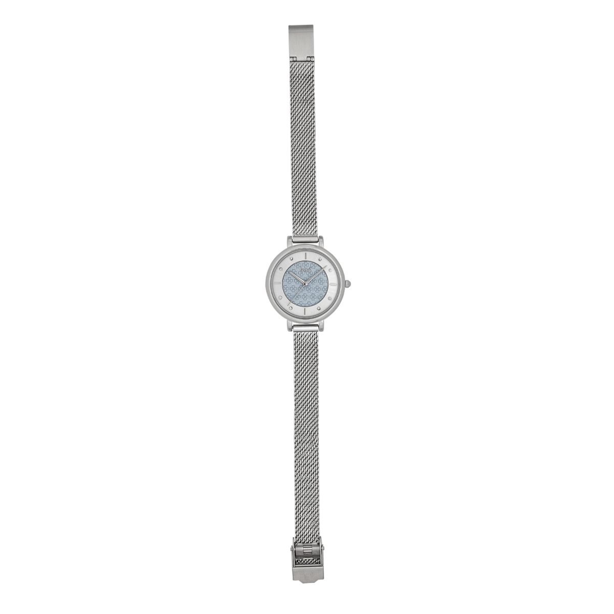 Reloj Jeans analogo, para Dama, tablero redondo colores plateado y azul, estilo index + puntos, pulso metalico color plateado