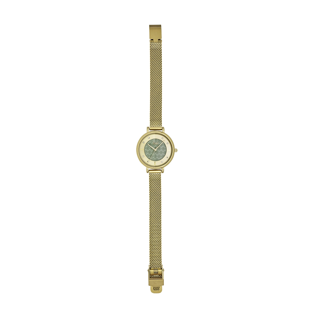 Reloj Jeans analogo, para Dama, tablero redondo colores dorado y verde, estilo index + puntos, pulso metalico color dorado