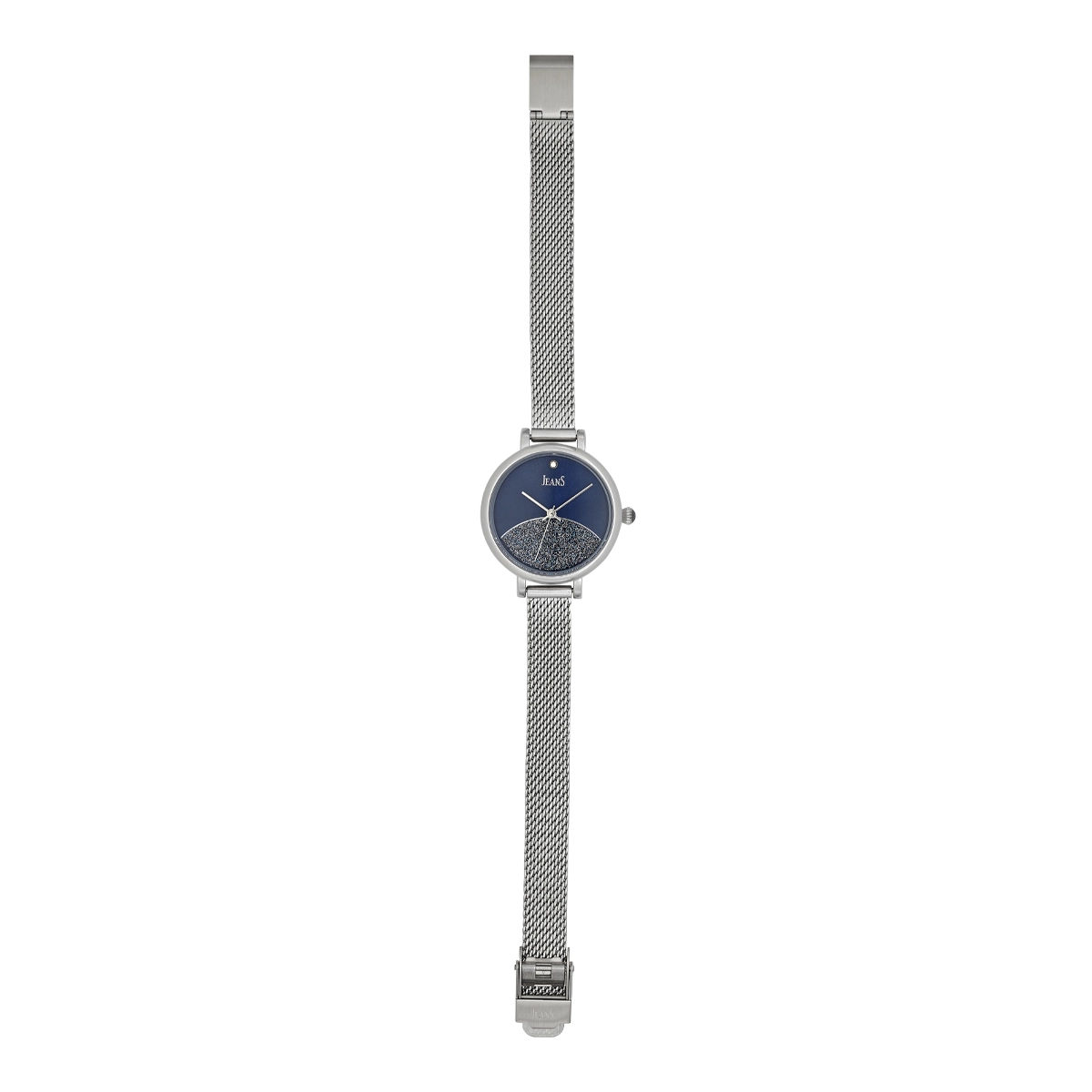 Reloj Jeans analogo, para Dama, tablero redondo color azul, estilo puntos, pulso metalico color plateado